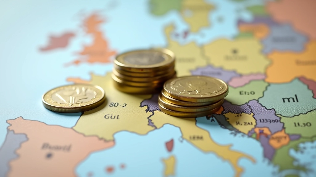 Europäische Euro-Münzen und Banknoten ordentlich arrangiert auf dunklem Hintergrund