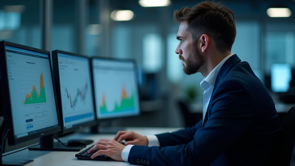 Finanzanalyst sitzt am Schreibtisch mit mehreren Monitoren, die Marktdaten und Grafiken zeigen