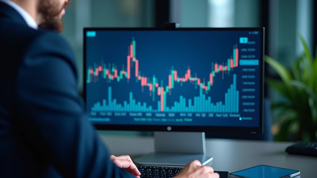 Finanzdiagramm mit Balkendiagrammen und Trendlinien auf einem großen Bildschirm