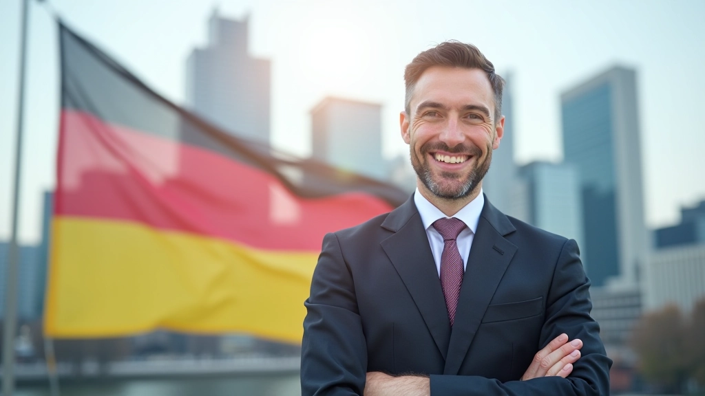Deutschlands Flagge vor einem Finanzdistrikt mit modernen Hochhäusern