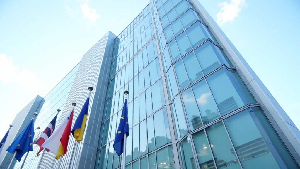 Moderne Bankgebäude mit reflektierendem Glas und europäischen Flaggen