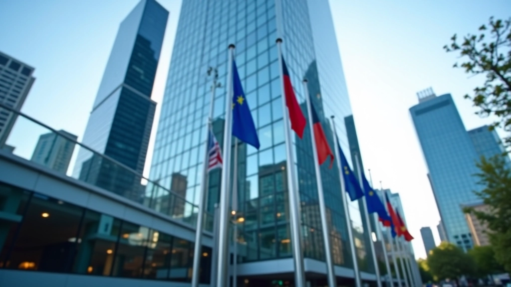 Zentralbank-Gebäude mit moderner Architektur und europäischen Flaggen, die die EZB darstellt