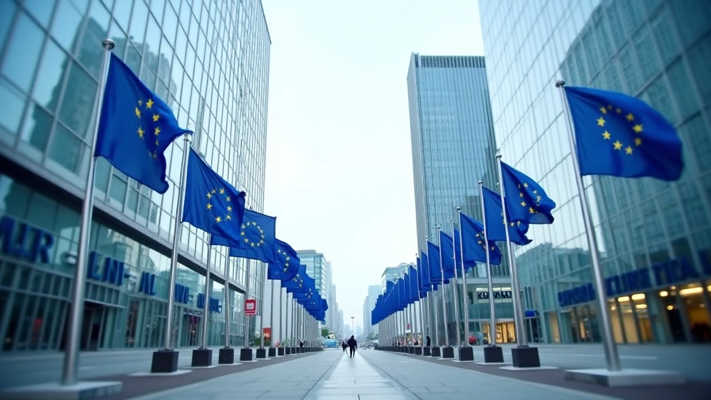 Modernes Finanzdistrikt mit europäischen Flaggen und Bankgebäuden